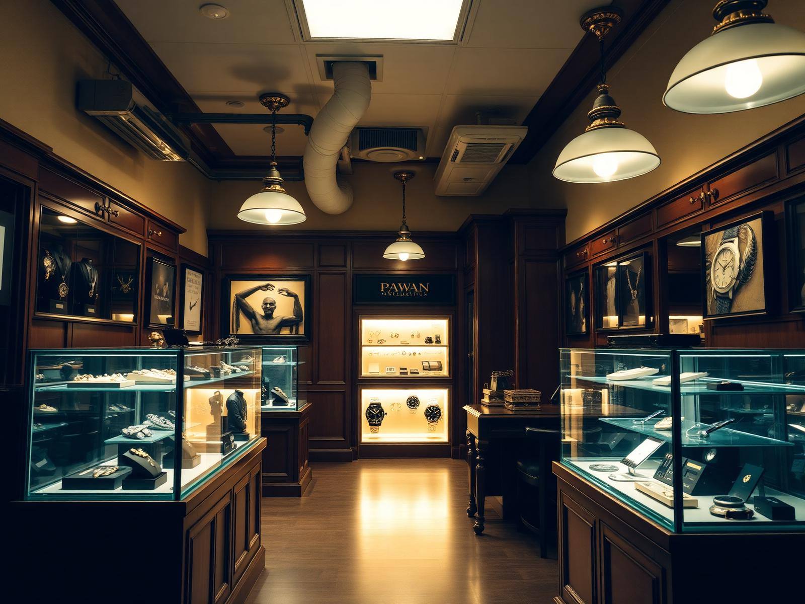 Interior of Xtreme Pawn showing luxury watches and jewelry in glass display cases