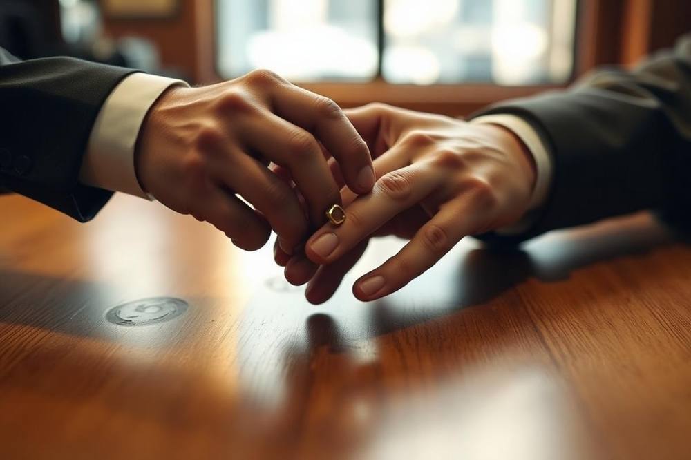 Hands exchanging a gold ring over a wooden counter